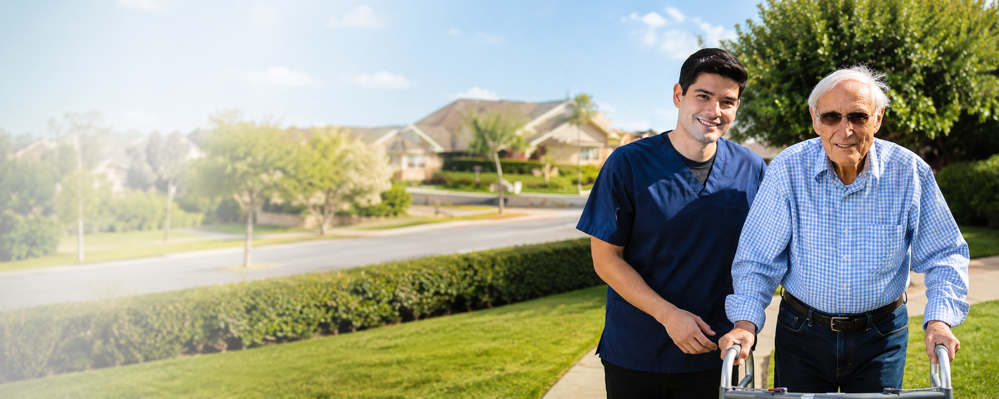 Male caregiver in navy scrubs walking outdoors with an elderly man using a walker in a residential neighborhood.