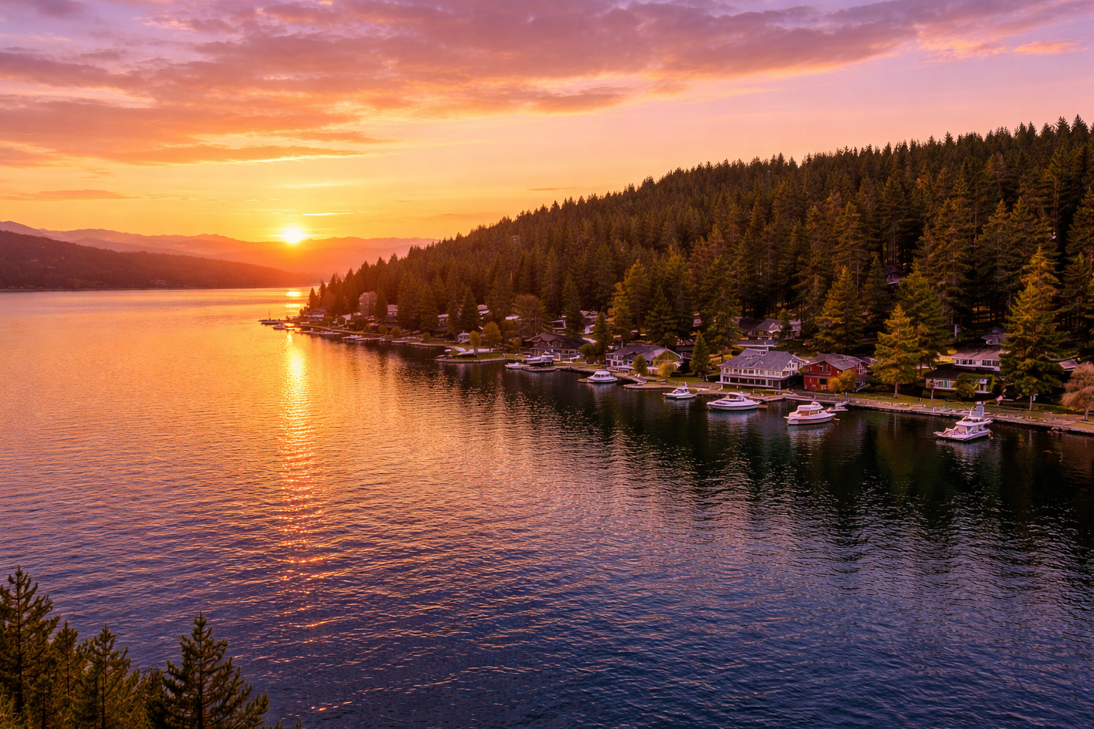 Aerial view of a mountain lake at sunset with pine-covered shoreline, lakeside homes, and docked boats.