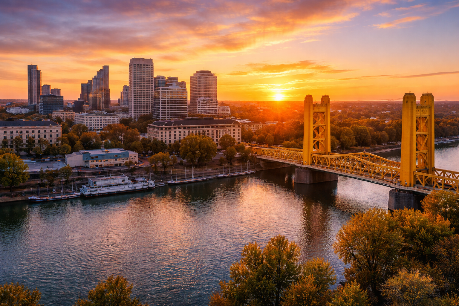 Aerial view of Sacramento Tower Bridge and city skyline over the river at sunset.