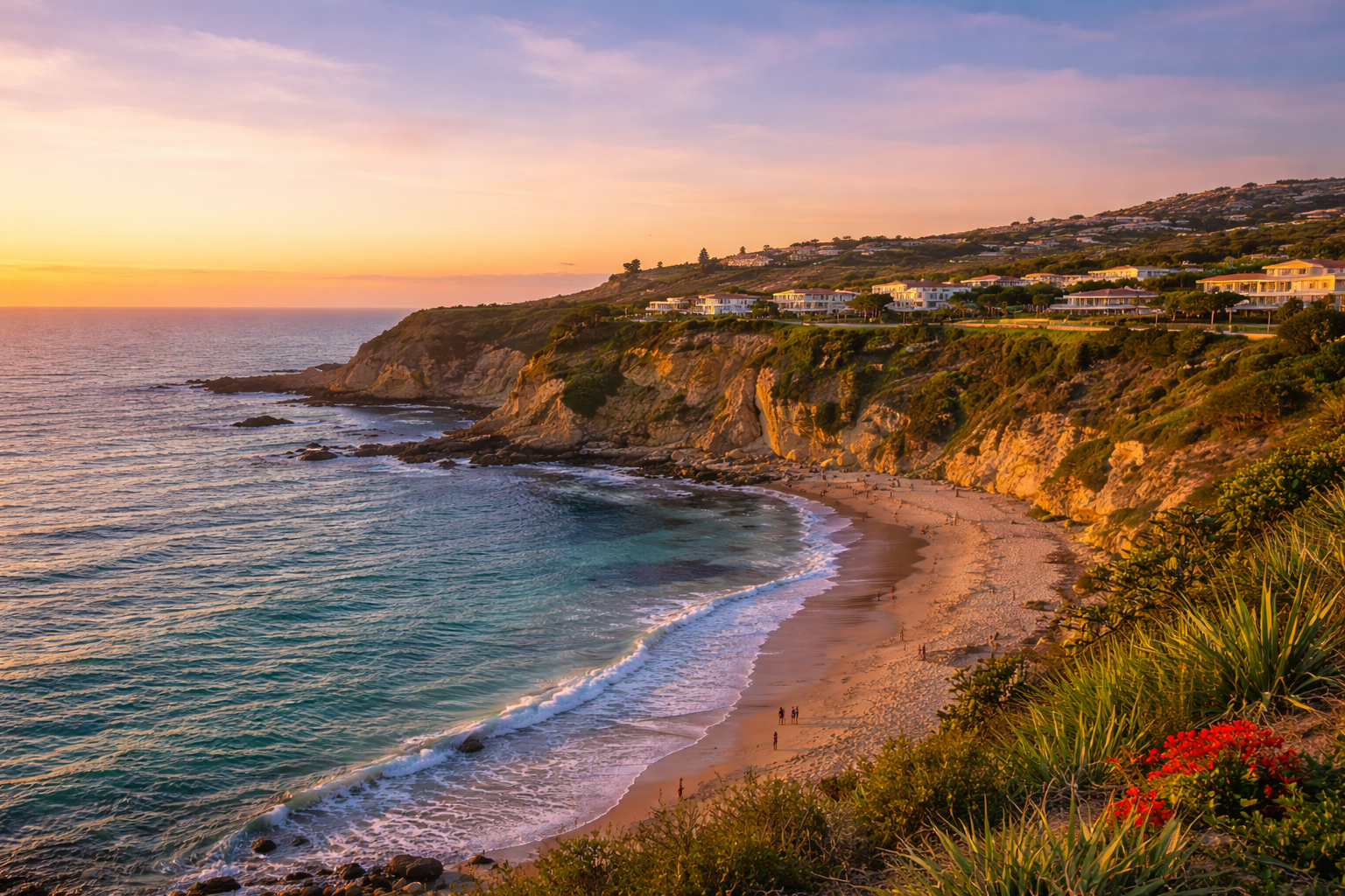 Aerial view of a coastal beach at sunset with cliffside homes and turquoise ocean waves.