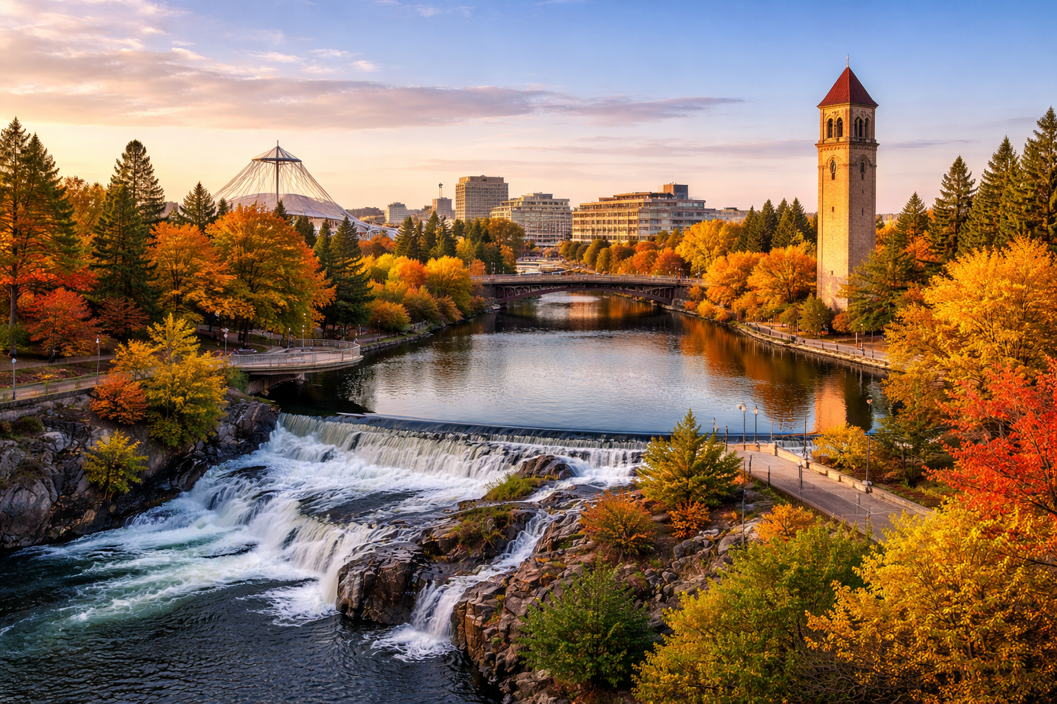 Aerial view of Spokane Falls and the clock tower in Riverfront Park, surrounded by colorful autumn foliage.