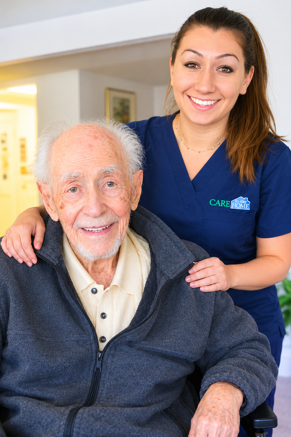 Smiling caregiver in navy scrubs standing behind an elderly man seated in a wheelchair, hand on his shoulder.