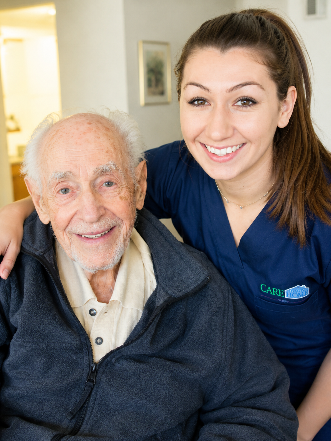 Smiling caregiver in navy scrubs posing beside an elderly man, both looking at the camera indoors.