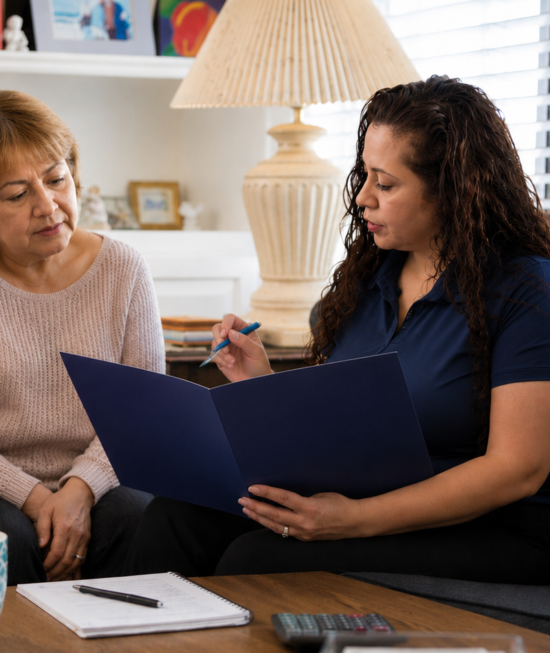 Advisor reviewing documents in a dark folder with an elderly woman seated on a sofa at home.