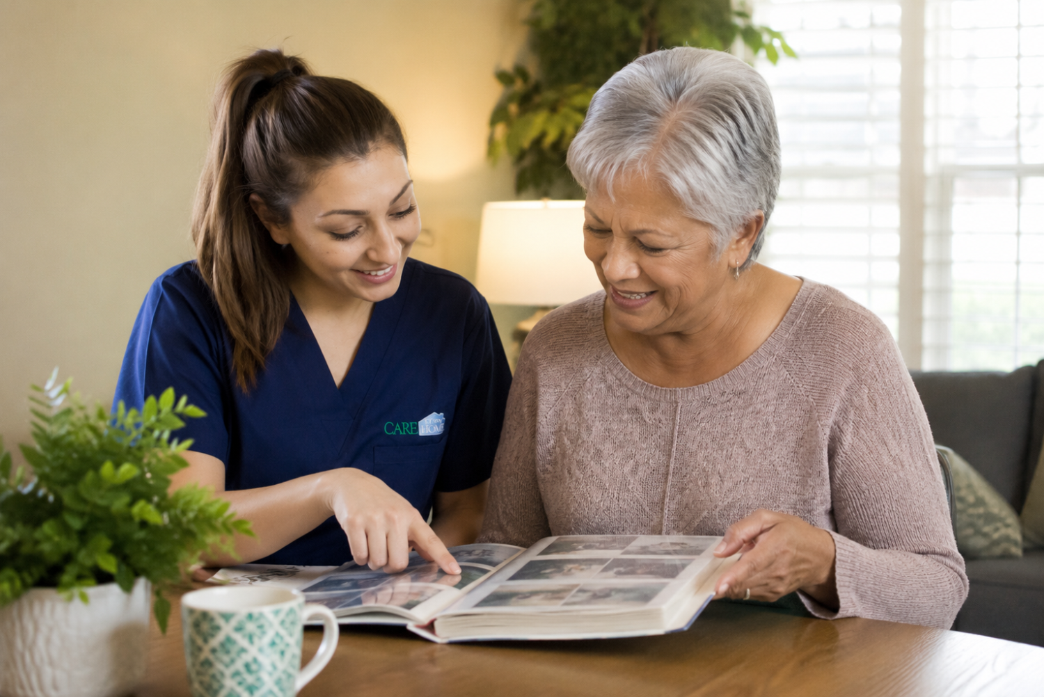 Caregiver in navy scrubs looking through a photo album together with a smiling elderly woman at home.