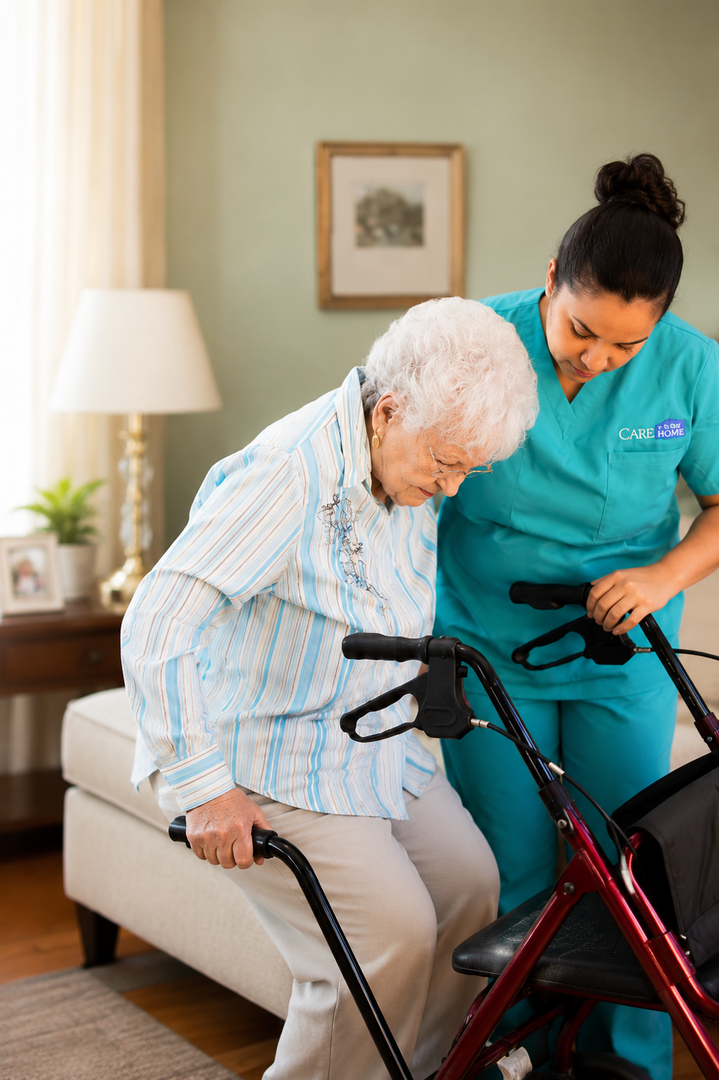 Caregiver in teal scrubs assisting an elderly woman as she rises using a rollator walker in a living room.