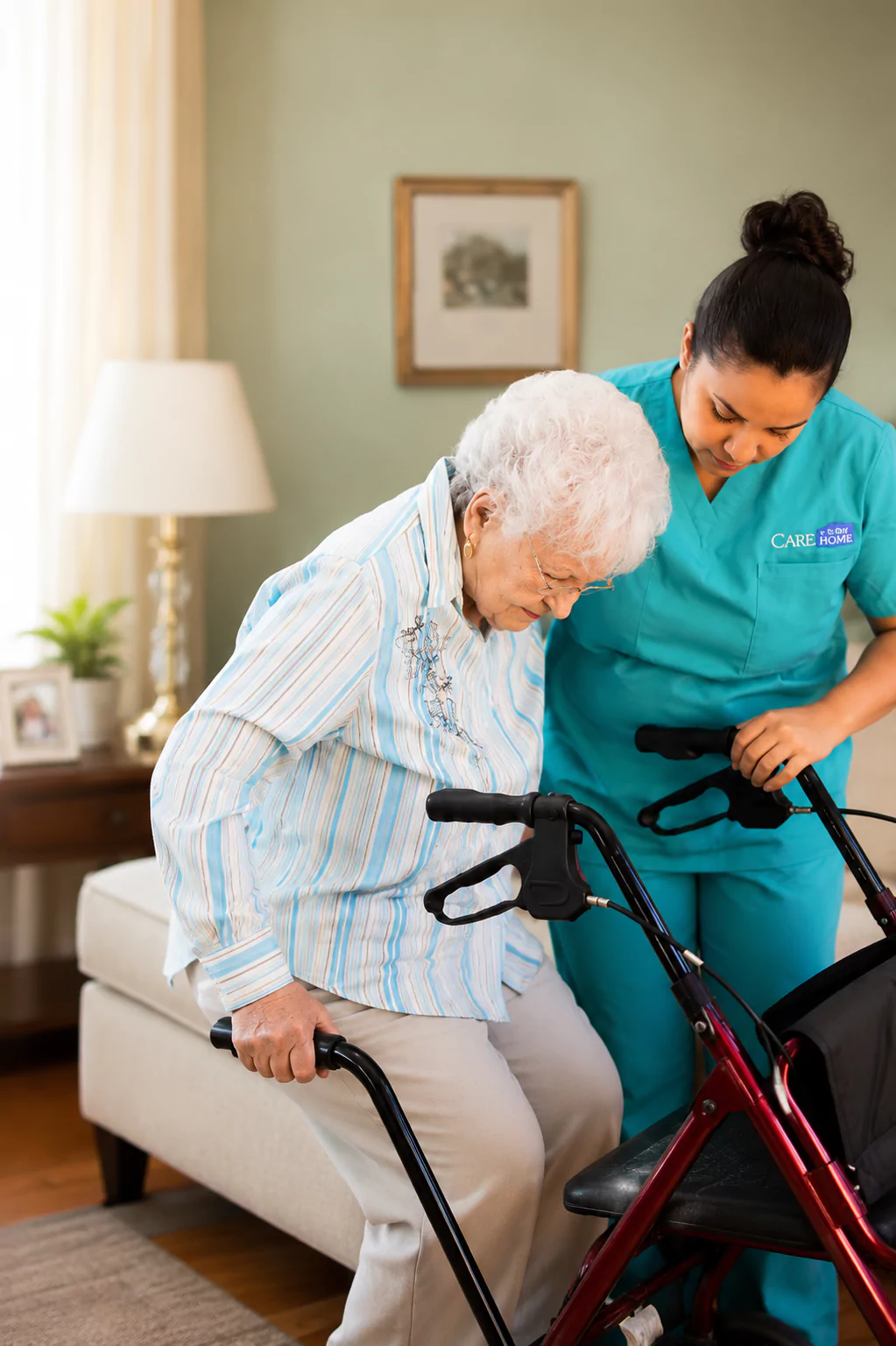 Caregiver in teal scrubs assisting an elderly woman as she rises using a rollator walker in a living room.